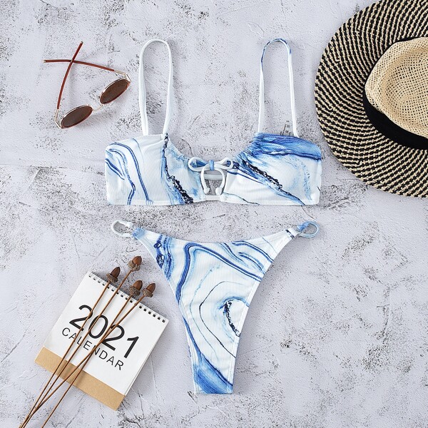 

Wave Print Cut Out Bikini Swimsuit, Blue