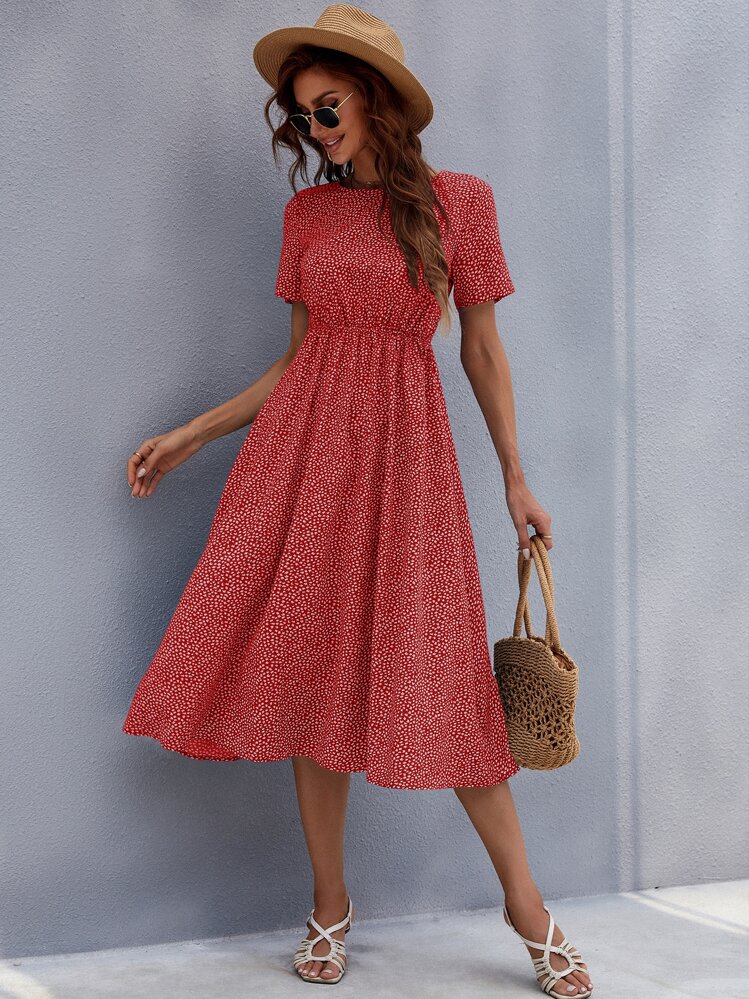 SHEIN Clasi 滿版圖案A字型連衣裙 - 紅色 - 查看 1