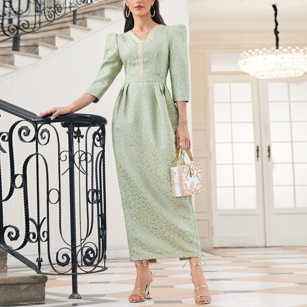 

Платье пышным рукавом с цветочным принтом жаккардовый, Многоцветный