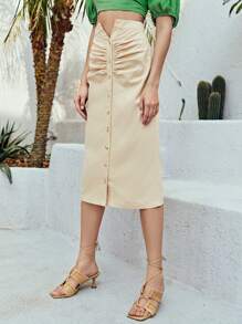 SHEIN Unity Falda Abotonada Sencilla Con Pliegues - Beis - Ver 3