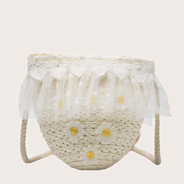 

Applique Lace Decor Straw Crossbody Bag, Beige