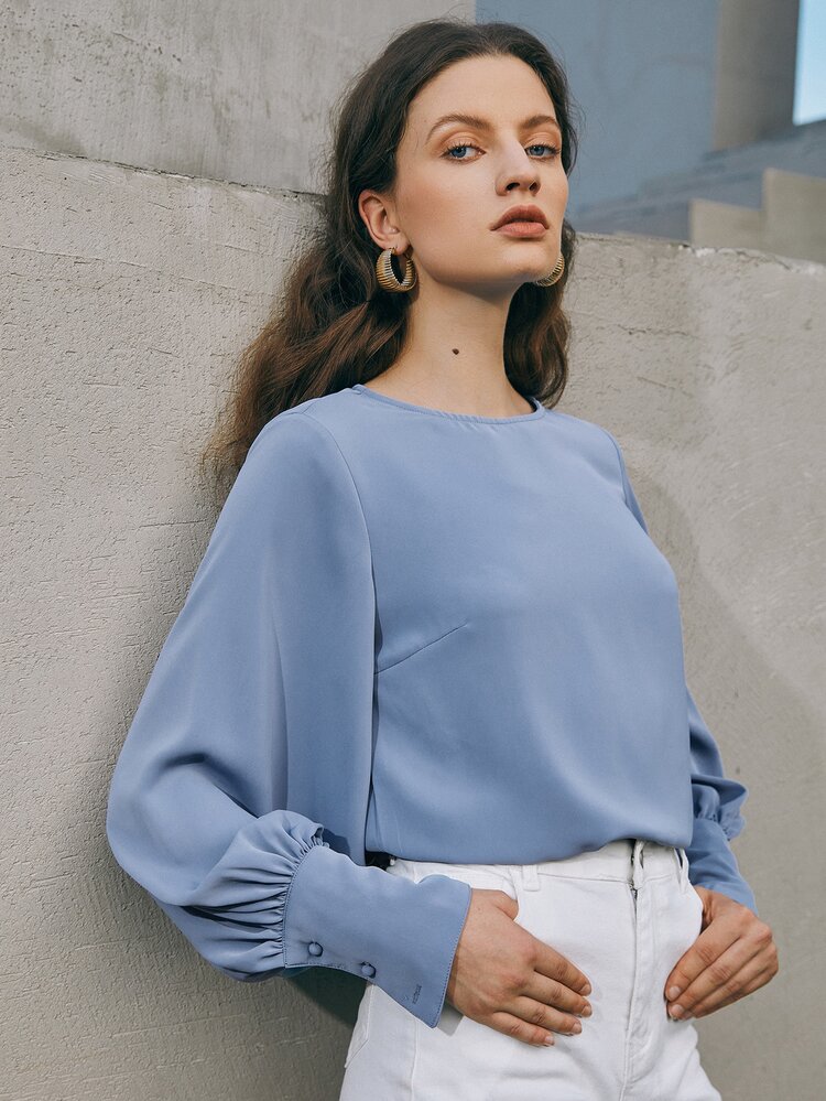 BizChic Buttoned Cuff Lantern Sleeve Top - Dusty Blue - View 1