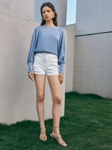 BizChic Top de manga farol de puño con botón - Neblina azul - Ver 3