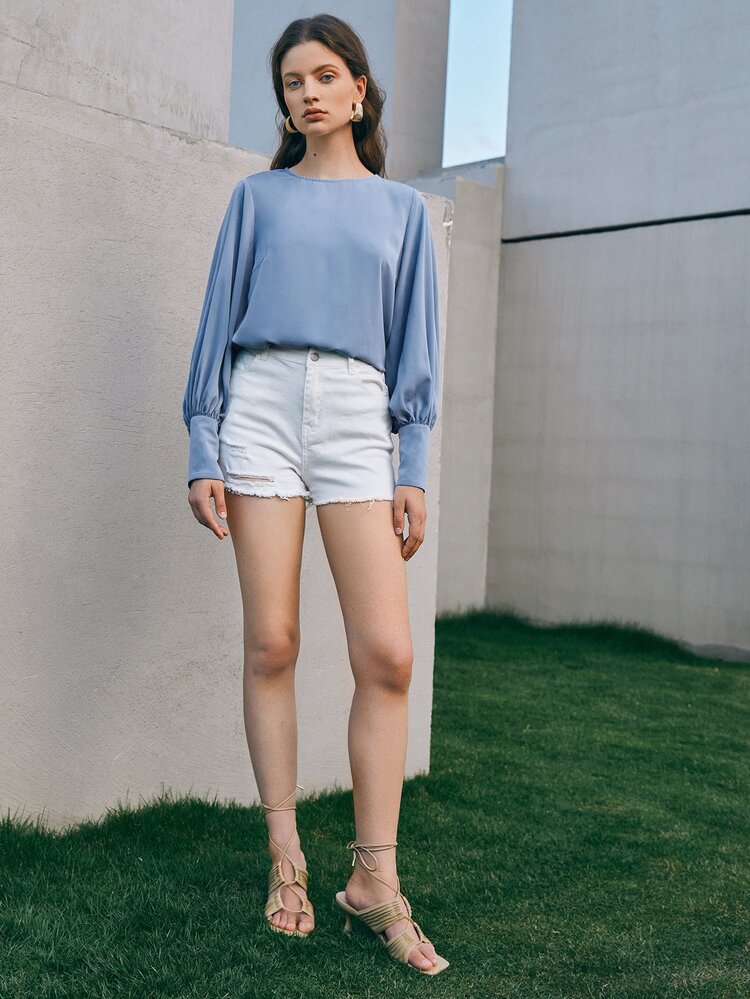 BizChic Buttoned Cuff Lantern Sleeve Top - Dusty Blue - View 3