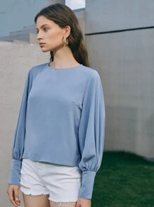 BizChic Top de manga farol de puño con botón - Neblina azul - Ver 4