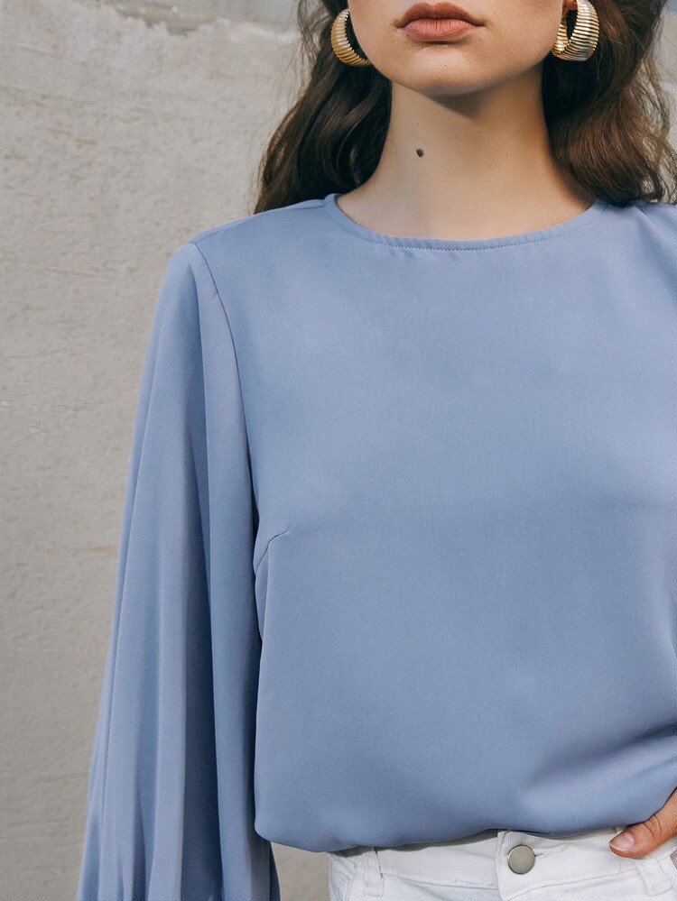 BizChic Buttoned Cuff Lantern Sleeve Top - Dusty Blue - View 5