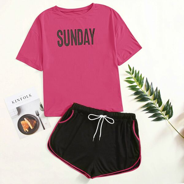 

Plus Letter Graphic Tee With Contrast Binding Track Shorts, Multicolor