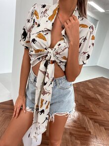 SHEIN Unity Animal Print Tie Front Puff Sleeve Top - Beige - View 6