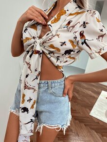 SHEIN Unity Animal Print Tie Front Puff Sleeve Top - Beige - View 7