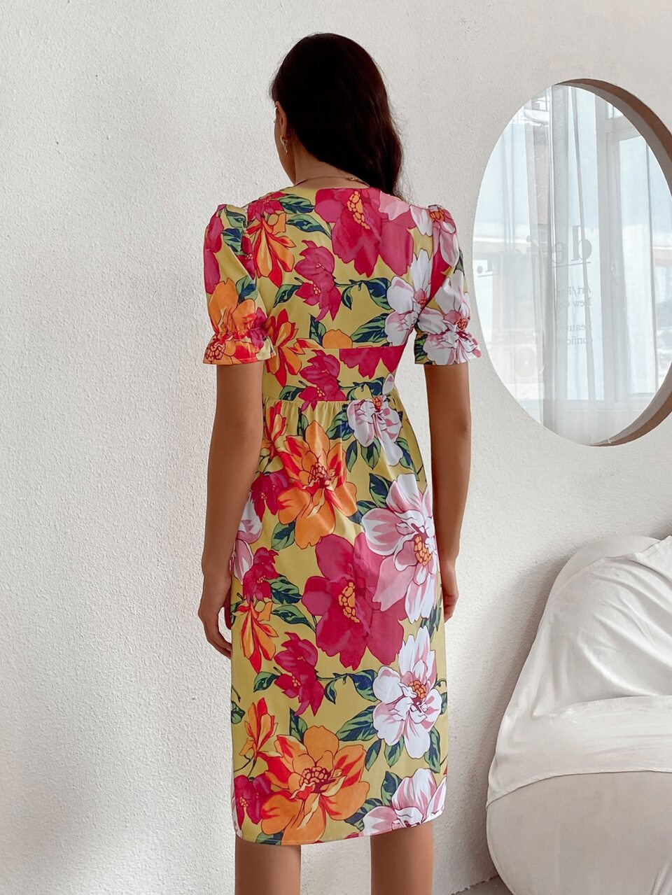 Floral Print Puff Sleeve Button Front Dress