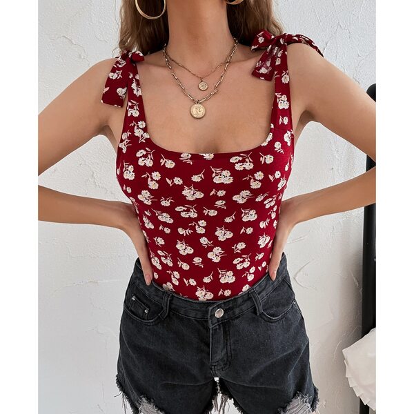 

Ditsy Floral Knot Shoulder Backless Bodysuit, Burgundy