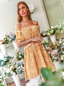 GENKIRA Allover Floral Print Ruffle Trim Bardot Dress - Orange - View 6