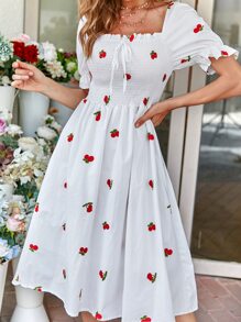 Cherry Embroidery Shirred Dress - White - View 1