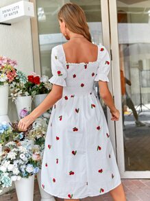 Cherry Embroidery Shirred Dress - White - View 2