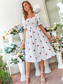 Cherry Embroidery Shirred Dress - White - View 3