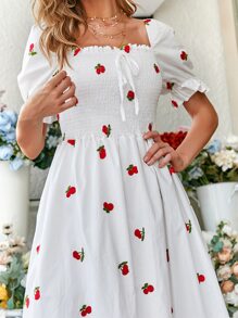 Cherry Embroidery Shirred Dress - White - View 4