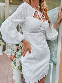 GENKIRA Tie Neck Ruched Appliques Bishop Sleeve Dress - White - View 3