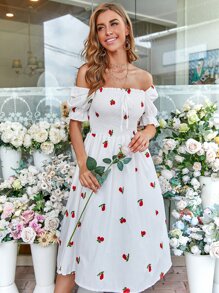 Cherry Embroidery Shirred Dress - White - View 5