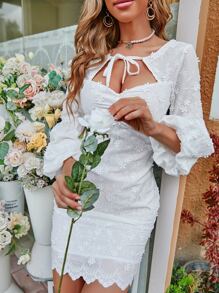 GENKIRA Tie Neck Ruched Appliques Bishop Sleeve Dress - White - View 4