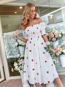 Cherry Embroidery Shirred Dress - White - View 7
