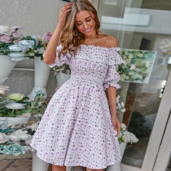 

Ditsy Floral Shirred Bardot Dress, Lilac purple