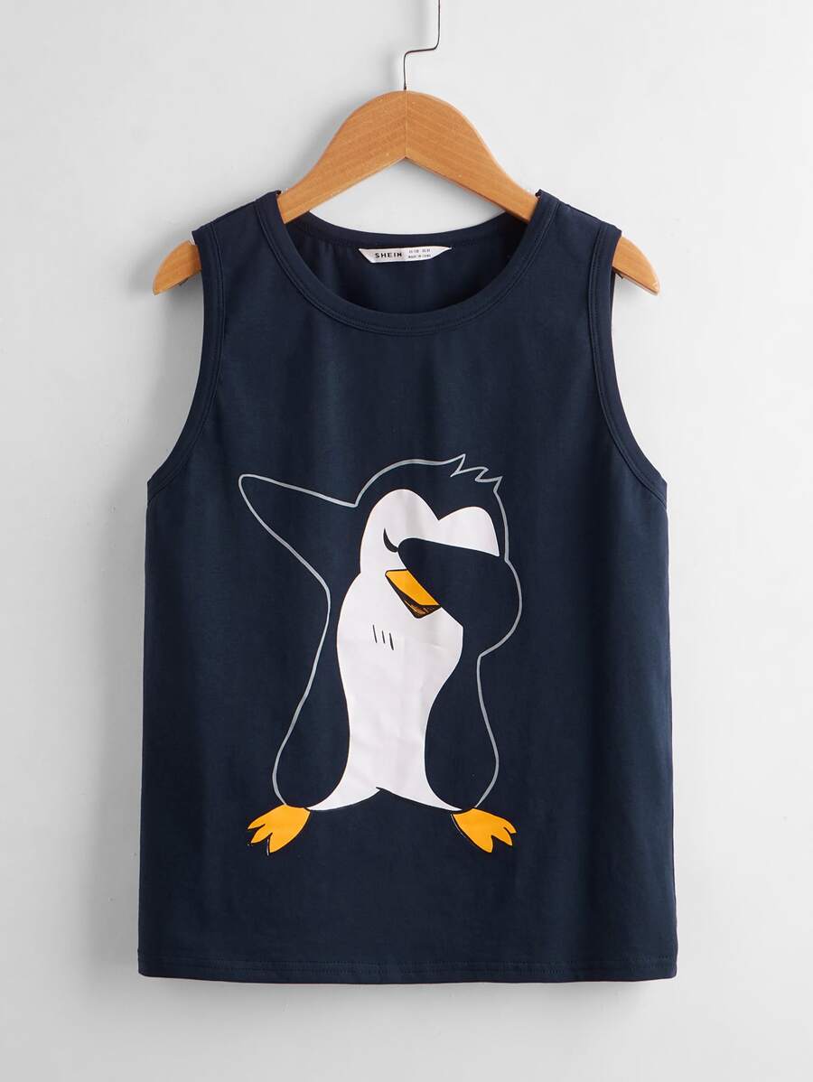 SHEIN Boys Penguin Print Tank Top - Navy Blue - View 1