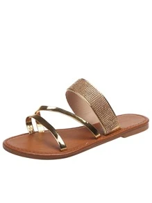 Metallic Rhinestone Decor Slide Sandals - Rose Gold - View 3