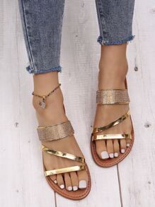 Metallic Rhinestone Decor Slide Sandals - Rose Gold - View 4