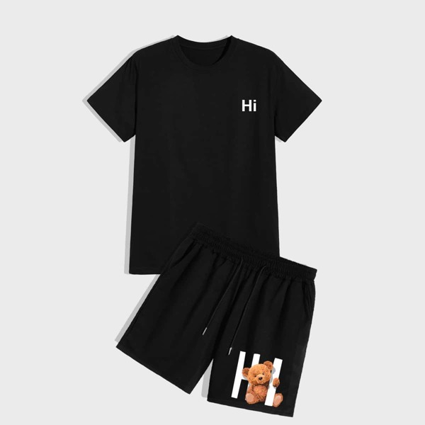 

на кулиске С батом перед Мультяшный принт буква Институтский Мужской Комплект из двух предметов, Чёрный