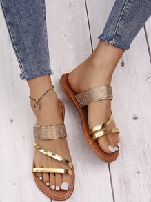 Metallic Rhinestone Decor Slide Sandals - Rose Gold - View 5