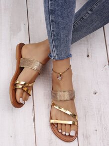 Metallic Rhinestone Decor Slide Sandals - Rose Gold - View 6