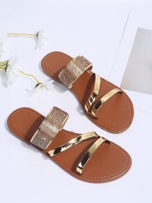 Metallic Rhinestone Decor Slide Sandals - Rose Gold - View 7