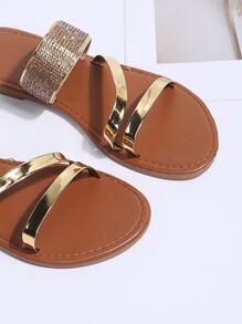 Metallic Rhinestone Decor Slide Sandals - Rose Gold - View 8