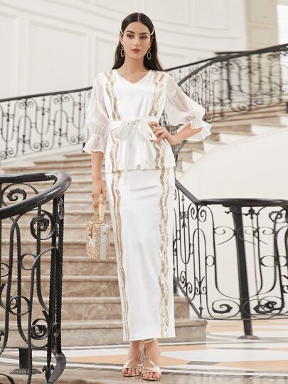 Modelyn Organza Bell Sleeve Sequin Panel Top & Skirt Set