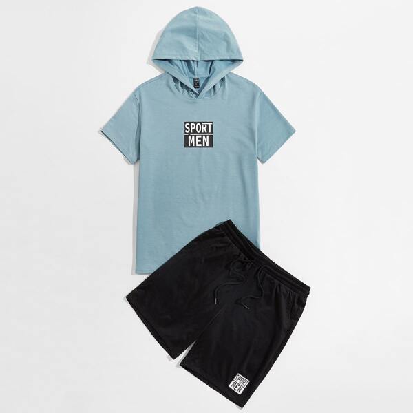 

Men Letter Graphic Hooded Top And Shorts Set, Multicolor