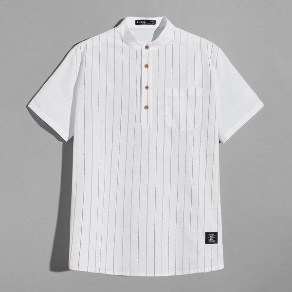 

Men Button Half Placket Patch Detail Striped Top, White