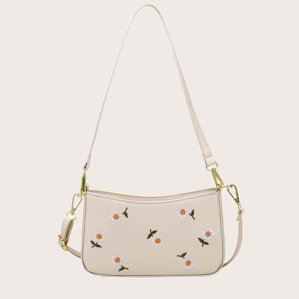 

Floral Embroidery Shoulder Bag, Beige