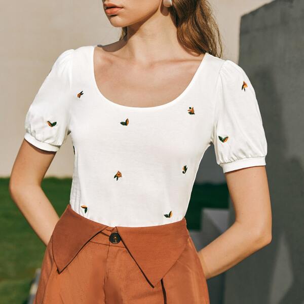 

Puff Sleeve Embroidered Detail Top, White