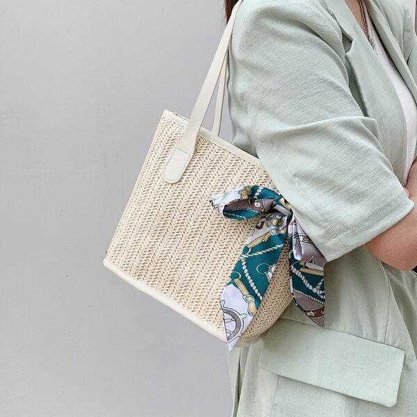 

Twilly Scarf Decor Straw Bag, Beige