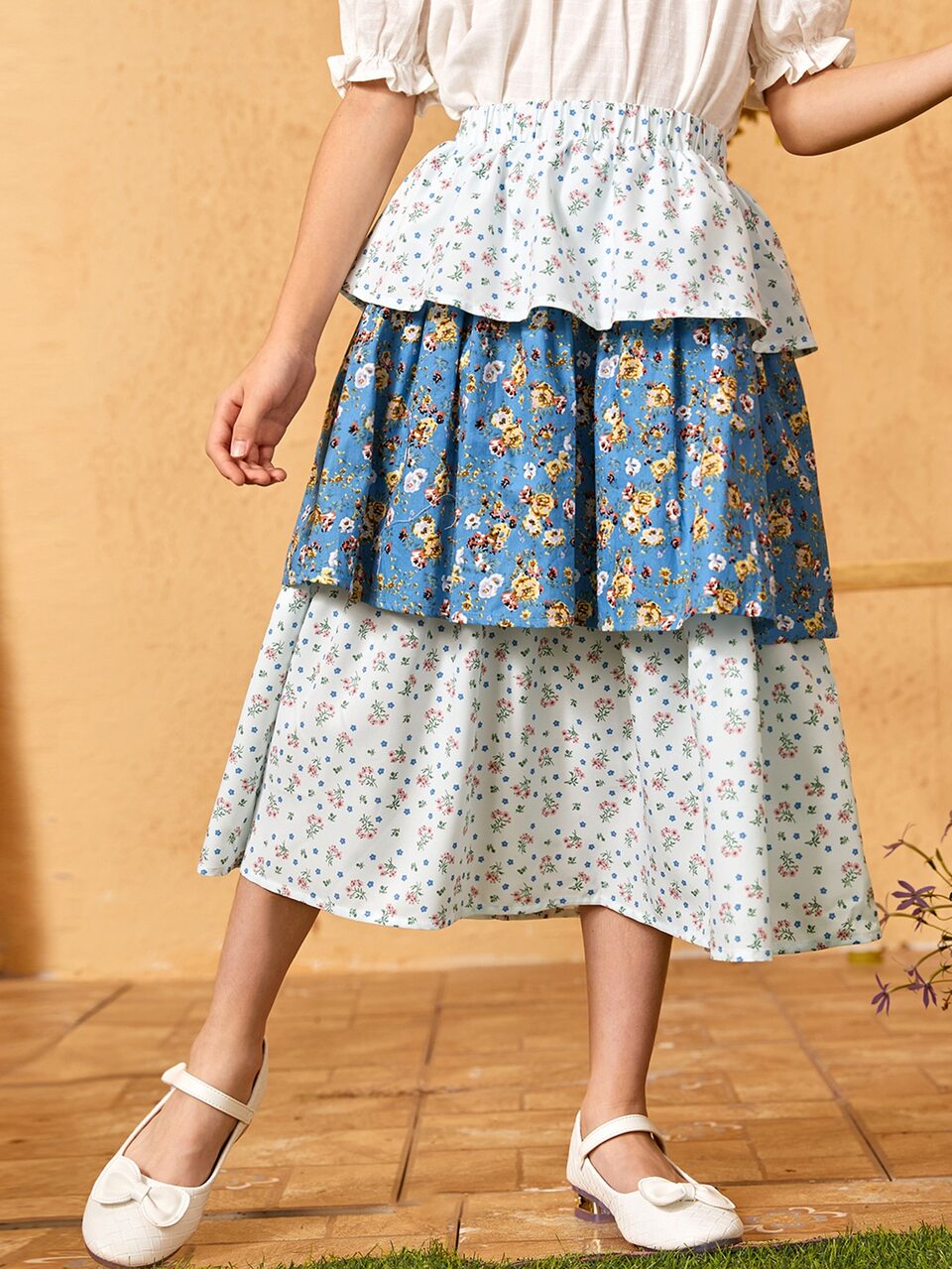 Girls Ditsy Floral Layered Ruffle Hem Skirt