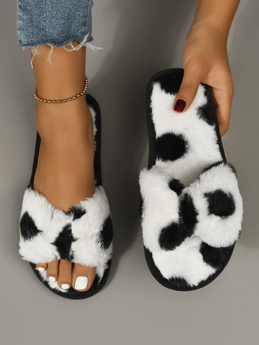 Cow Pattern Fluffy Slippers - Black and White - View 1