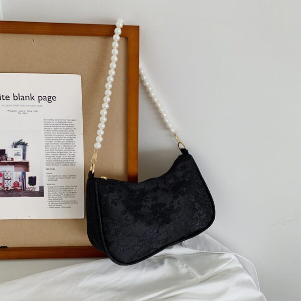 

Lace Panel Faux Pearl Decor Shoulder Bag, Black