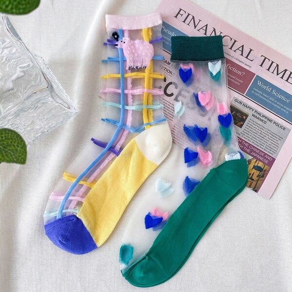 

2pairs Heart Print Crew Socks, Multicolor