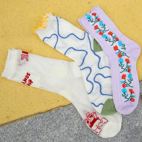 

3pairs Floral Print Crew Socks, Multicolor