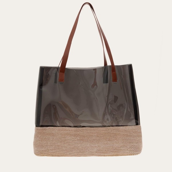 

Clear Straw Design Shoulder Tote Bag, Black