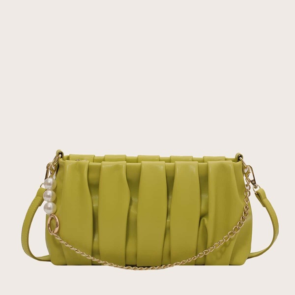 

Faux Pearl Decor Chain Ruched Bag, Green