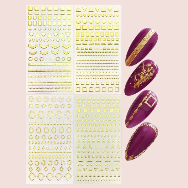 

4sheets Geometric Pattern Nail Art Sticker, Gold