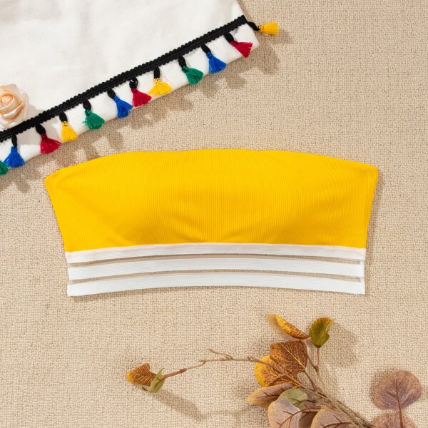 

Rib Mesh Trim Bandeau Bikini Top, Yellow