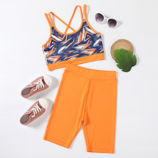 

Girls Geo Criss-cross Active Cami Top & Biker Shorts, Multicolor
