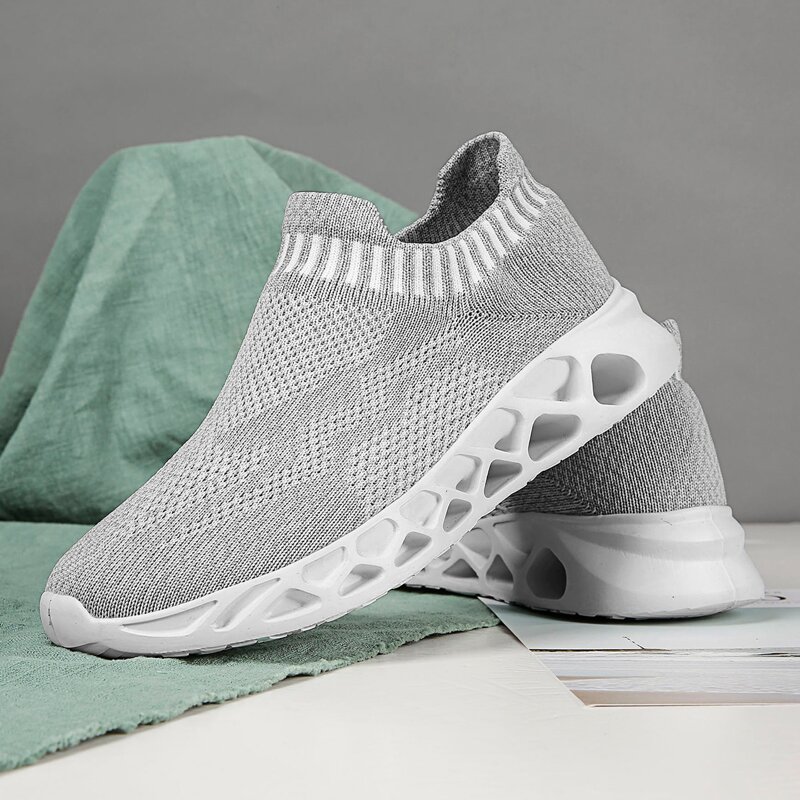 

Knit Panel Slip-On Running Shoes, Grey